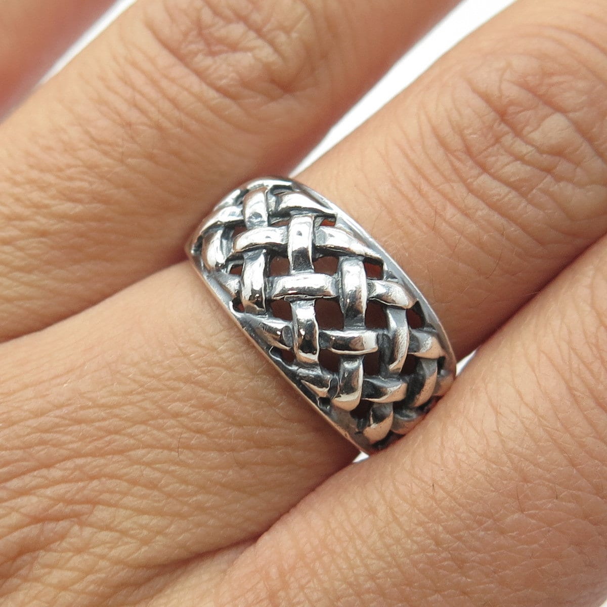 925 Sterling Silver Vintage Wicker Woven Oxidized Ring Size 7.25