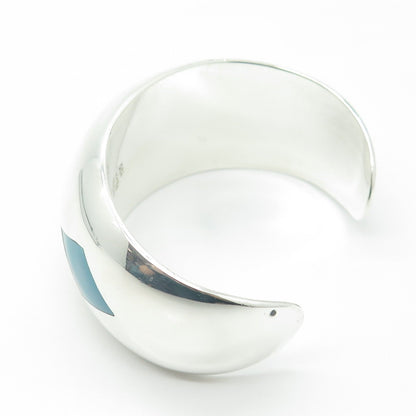 925 Sterling Silver Vintage Mexico Blue Enamel Cuff Heavy Bracelet 6.75"