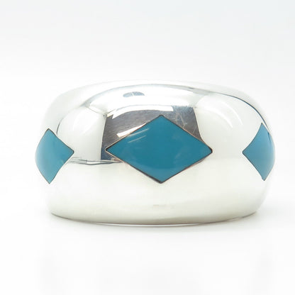 925 Sterling Silver Vintage Mexico Blue Enamel Cuff Heavy Bracelet 6.75"