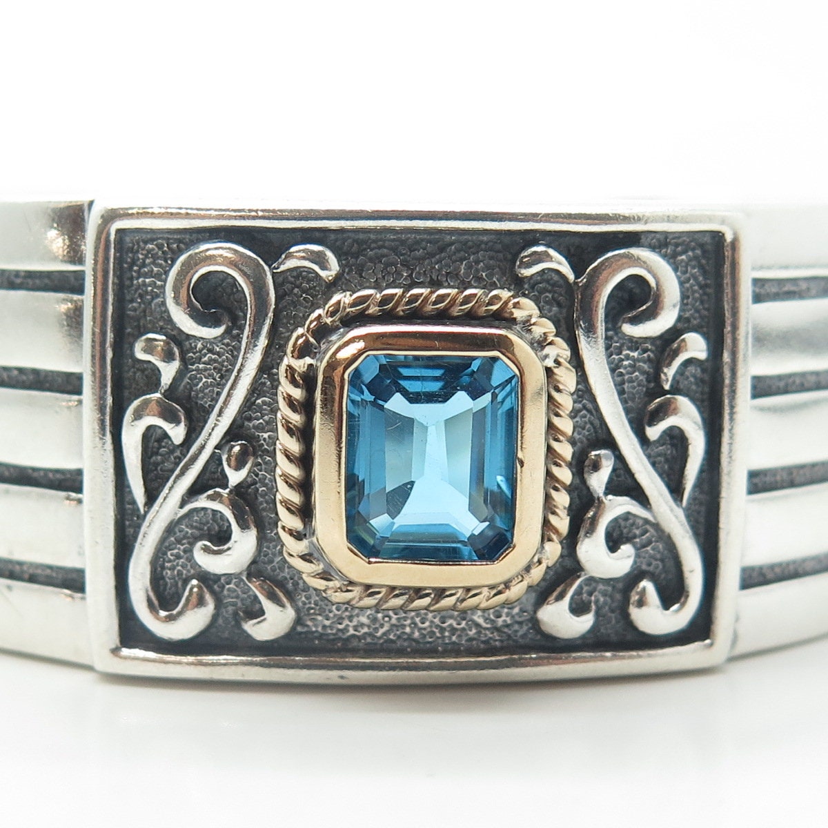 ROSS SIMONS 925 Sterling Silver 14K Gold Vintage Blue Topaz Cuff Bracelet 7.5"