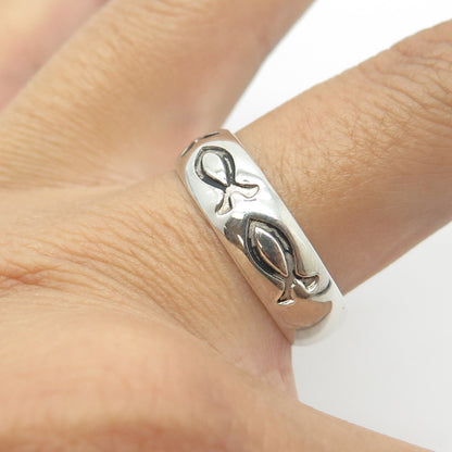 925 Sterling Silver Vintage All Around Ichthys Religious Band Ring Size 10.25