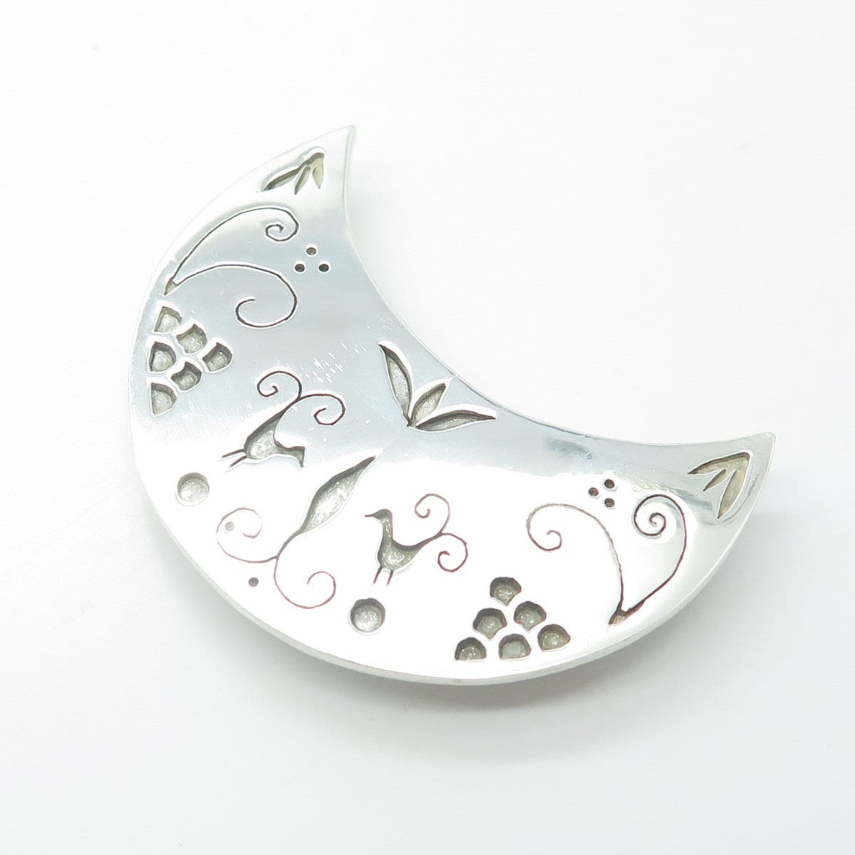 NADIA 925 Sterling Silver Vintage Crescent Moon Ornate Pin Brooch