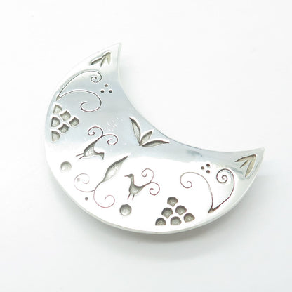 NADIA 925 Sterling Silver Vintage Crescent Moon Ornate Pin Brooch