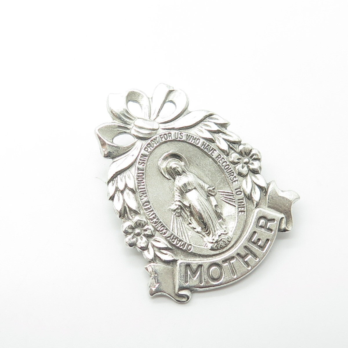 925 Sterling Silver Antique Art Deco Saint Mary "MOTHER" Miraculous Pin Brooch