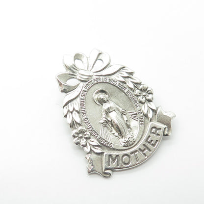 925 Sterling Silver Antique Art Deco Saint Mary "MOTHER" Miraculous Pin Brooch