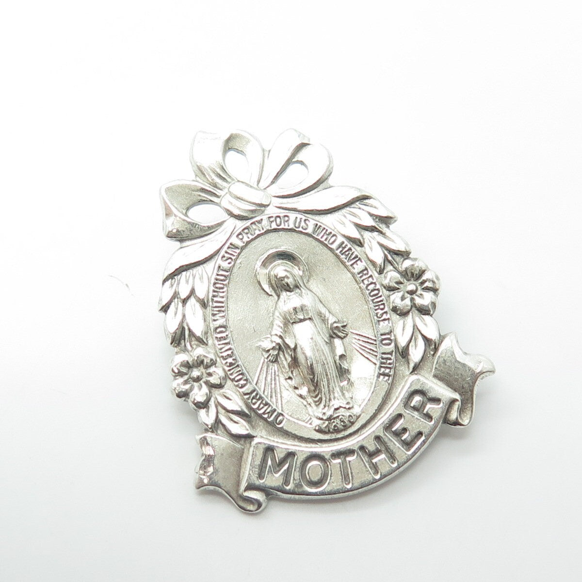 925 Sterling Silver Antique Art Deco Saint Mary "MOTHER" Miraculous Pin Brooch