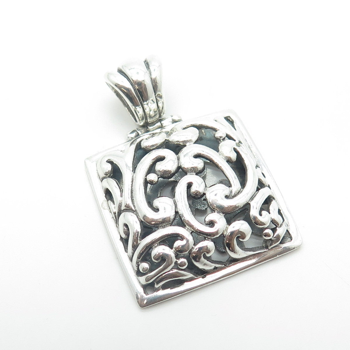 BARSE 925 Sterling Silver Vintage Signature Floral Scroll Shadow Box Pendant