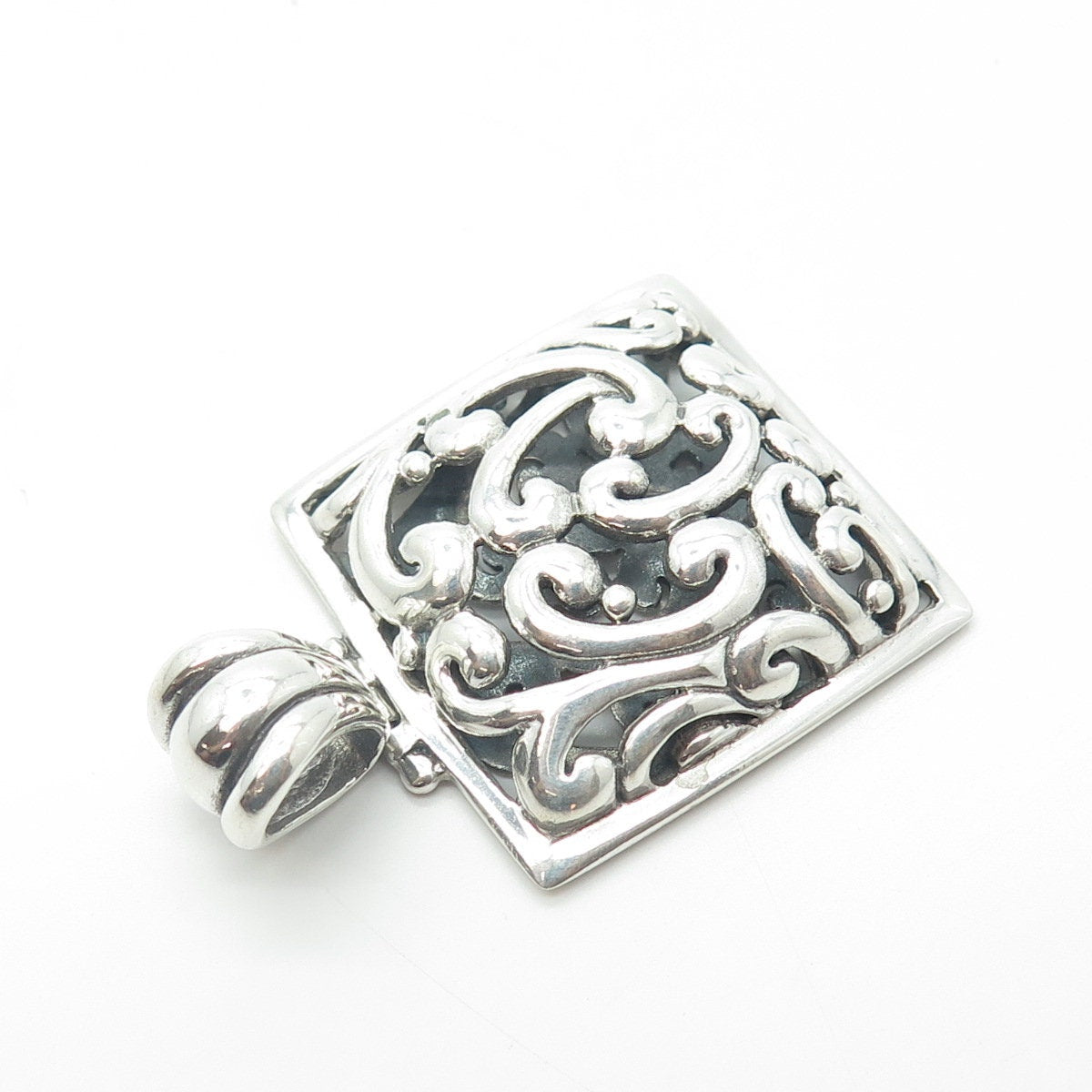 BARSE 925 Sterling Silver Vintage Signature Floral Scroll Shadow Box Pendant
