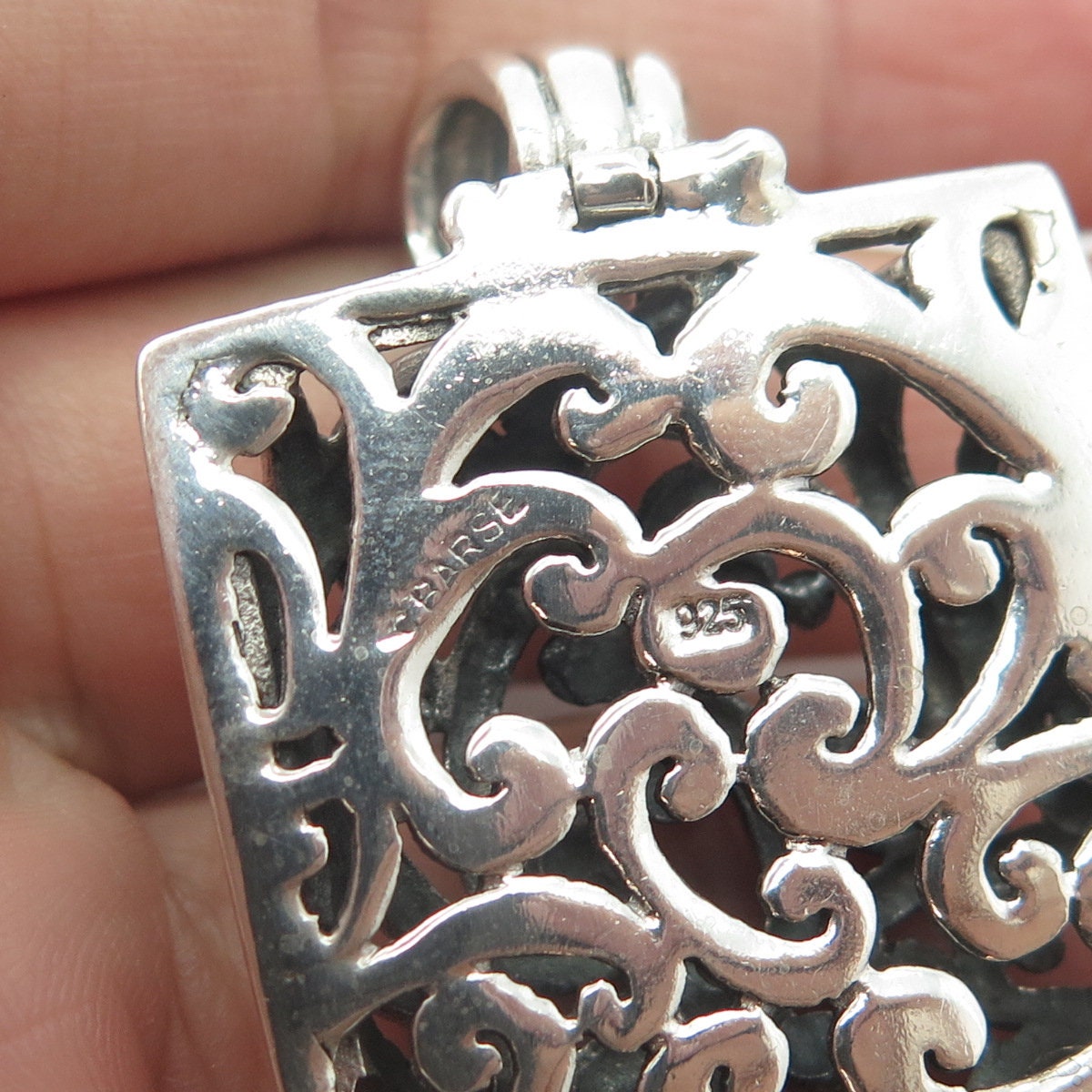 BARSE 925 Sterling Silver Vintage Signature Floral Scroll Shadow Box Pendant