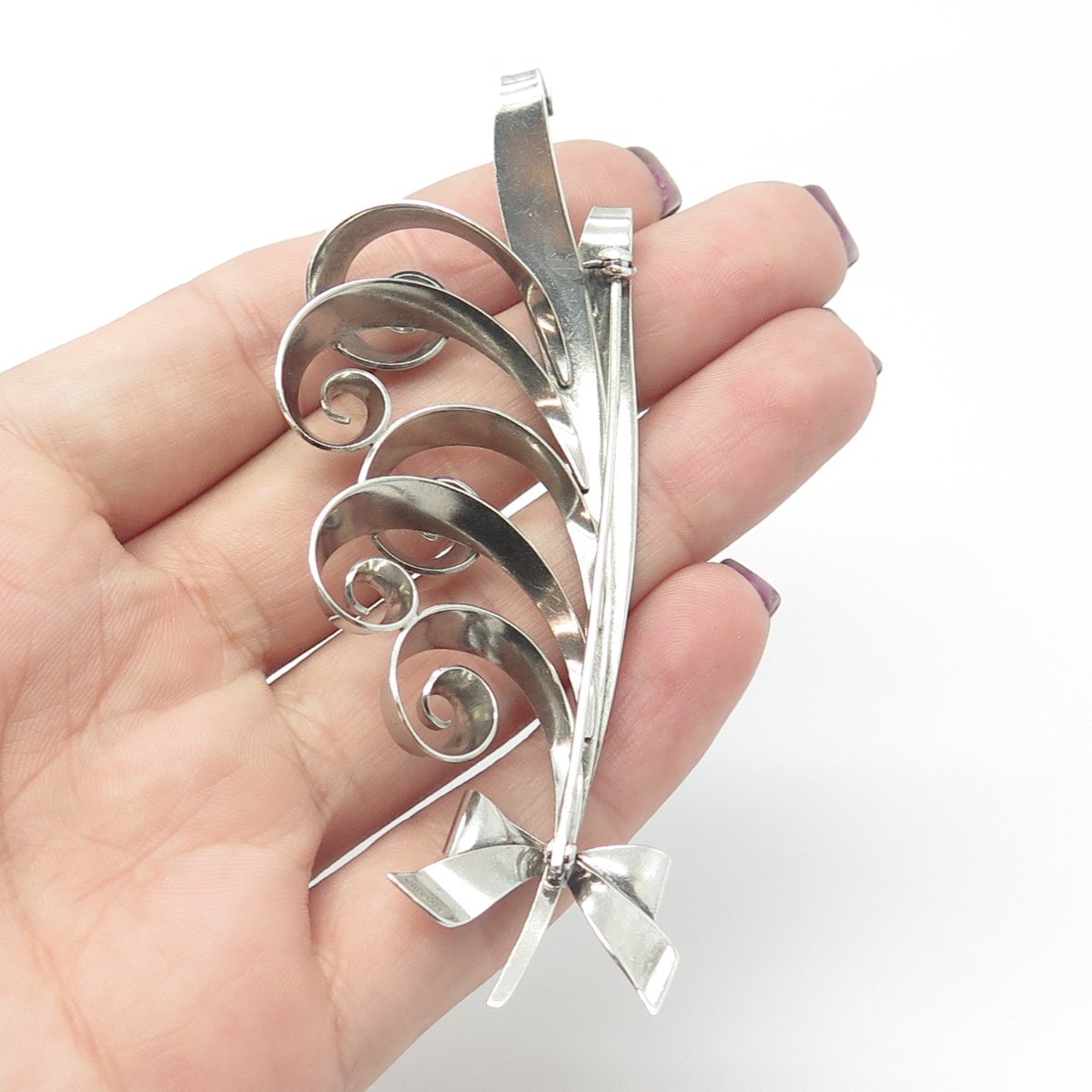 925 Sterling Silver Vintage Floral Ribbon Bow Large Pin Brooch