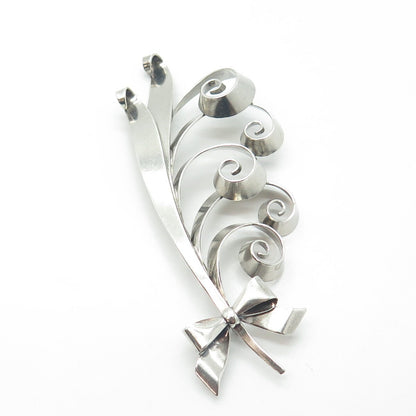 925 Sterling Silver Vintage Floral Ribbon Bow Large Pin Brooch