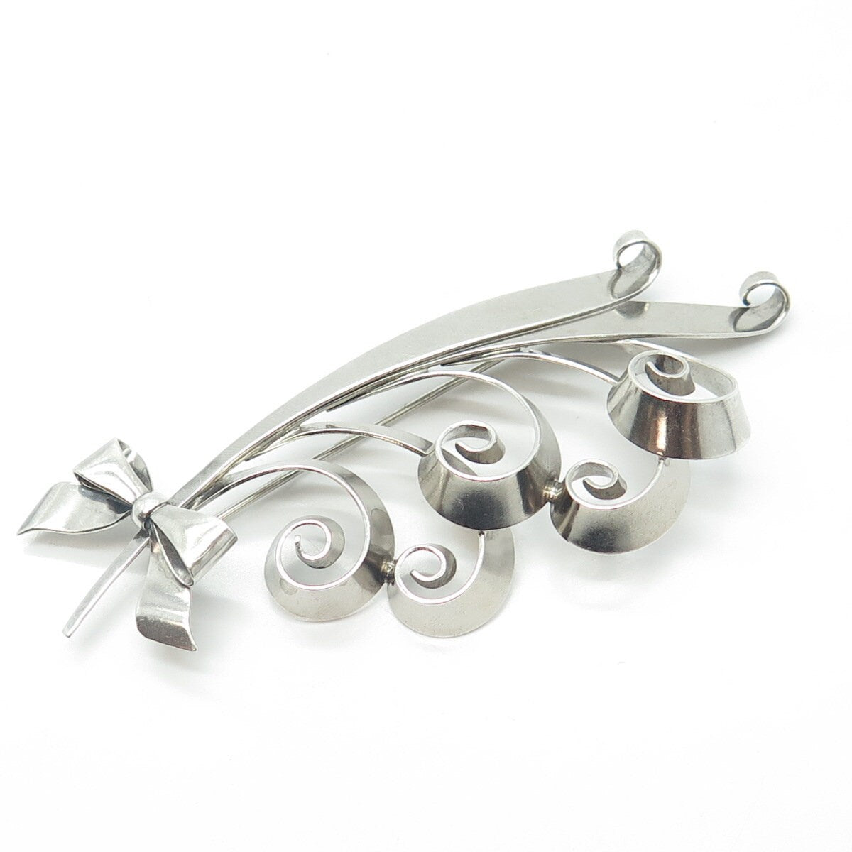 925 Sterling Silver Vintage Floral Ribbon Bow Large Pin Brooch