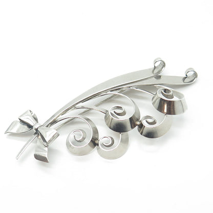 925 Sterling Silver Vintage Floral Ribbon Bow Large Pin Brooch