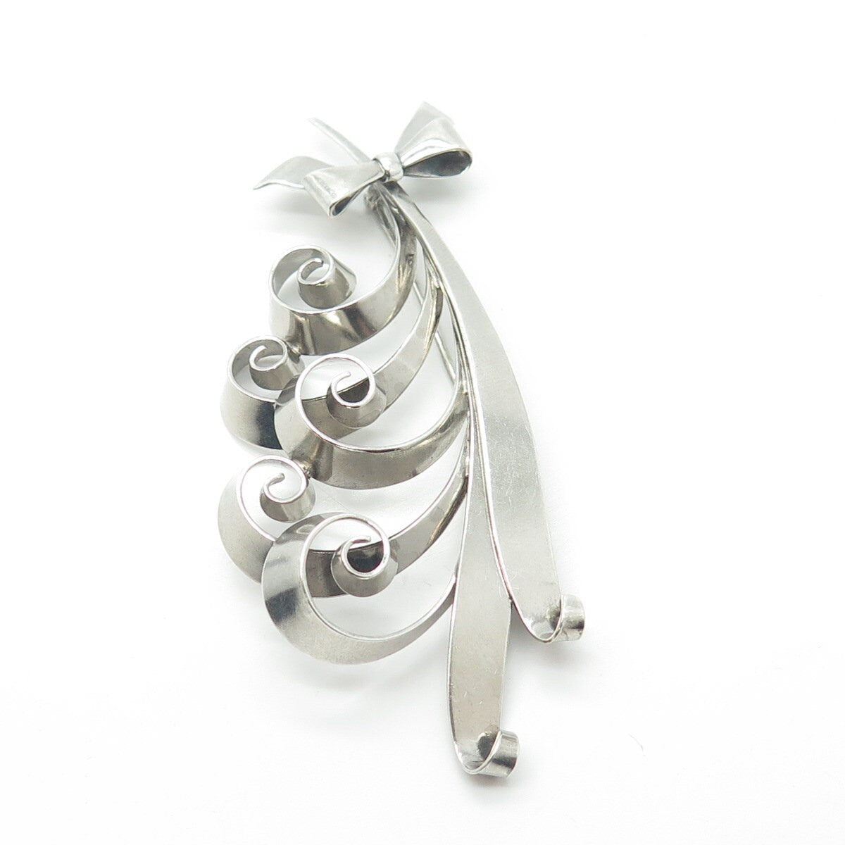 925 Sterling Silver Vintage Floral Ribbon Bow Large Pin Brooch