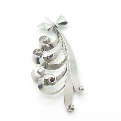 925 Sterling Silver Vintage Floral Ribbon Bow Large Pin Brooch