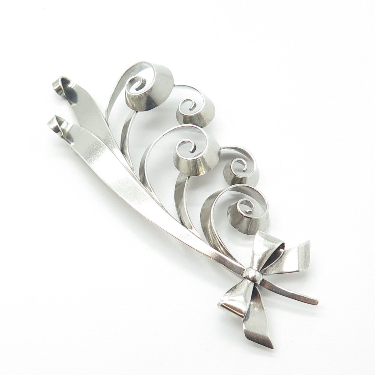 925 Sterling Silver Vintage Floral Ribbon Bow Large Pin Brooch