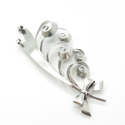 925 Sterling Silver Vintage Floral Ribbon Bow Large Pin Brooch