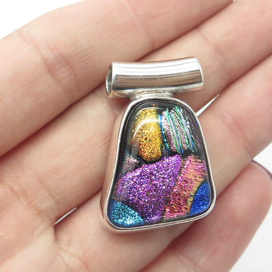 925 Sterling Silver Vintage Multi-Color Roman Glass Slide Pendant