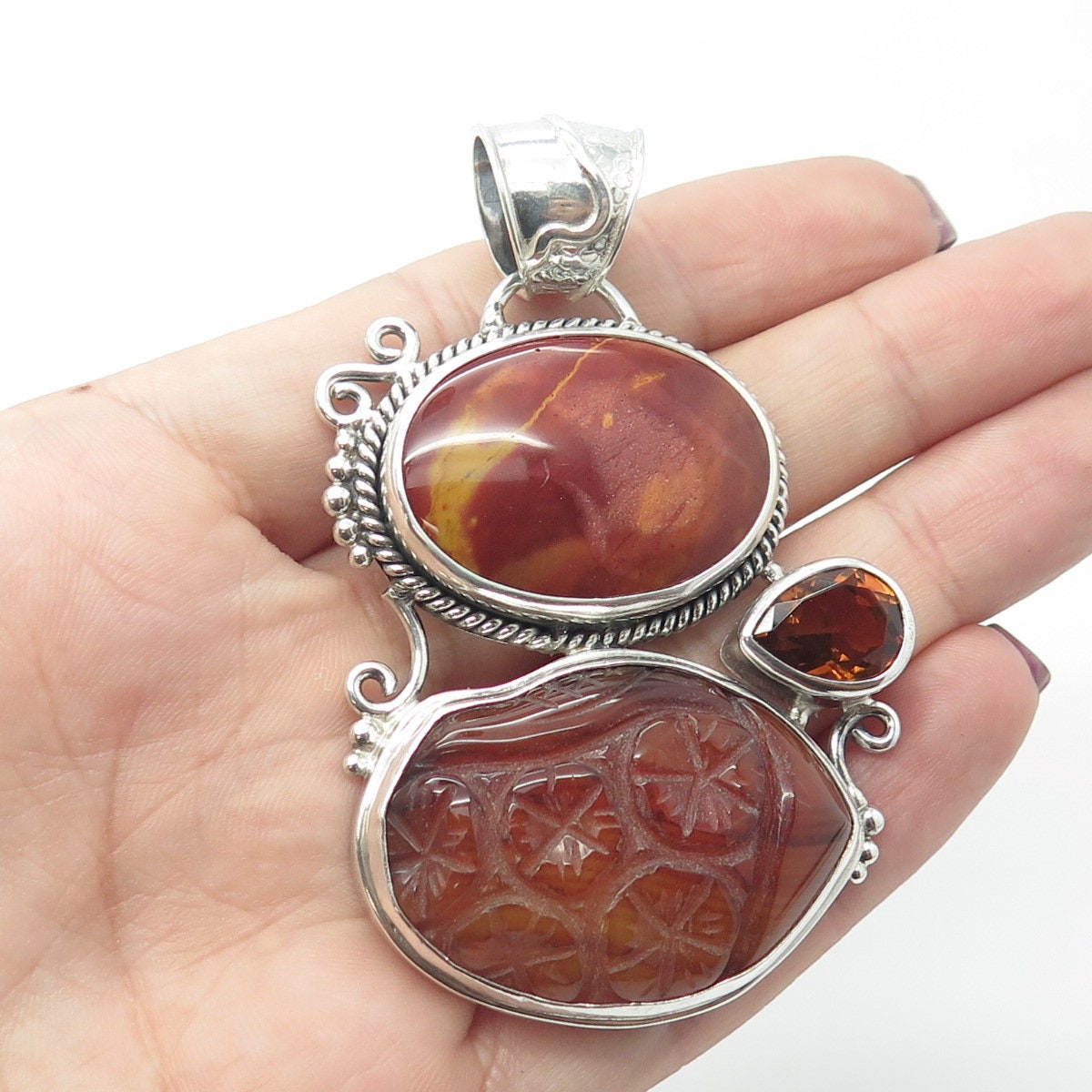 925 Sterling Silver Vintage Real Jasper Agate & Citrine Gemstone Pendant