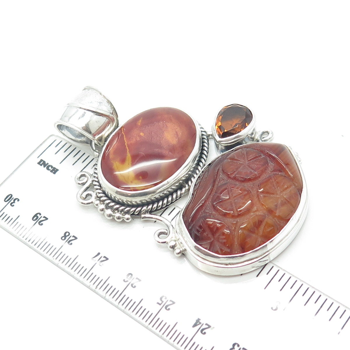 925 Sterling Silver Vintage Real Jasper Agate & Citrine Gemstone Pendant