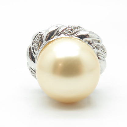 925 Sterling Silver Faux Pearl & C Z Ring Size 9.5