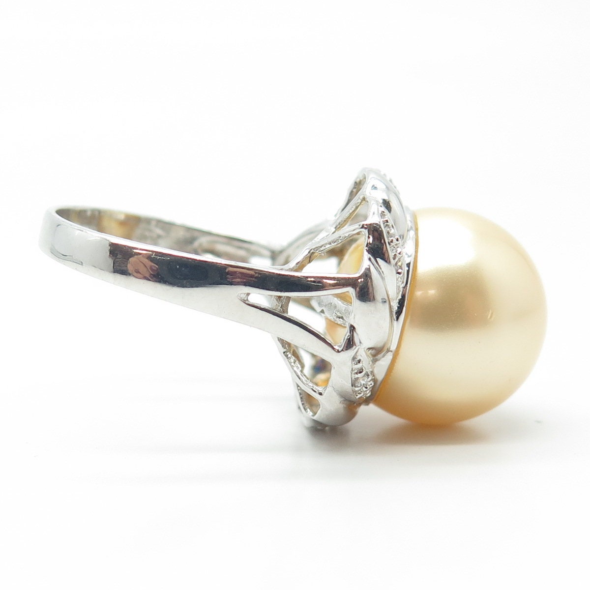 925 Sterling Silver Faux Pearl & C Z Ring Size 9.5