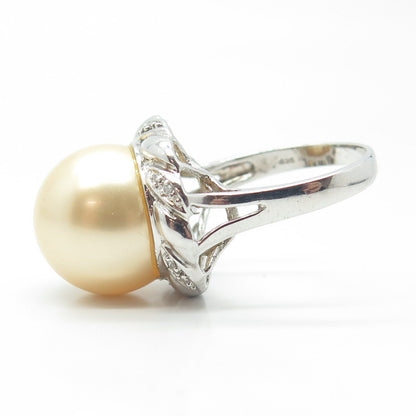 925 Sterling Silver Faux Pearl & C Z Ring Size 9.5