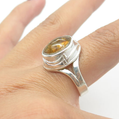 925 Sterling Silver Vintage Real Yellow Amber Cocktail Ring Size 9