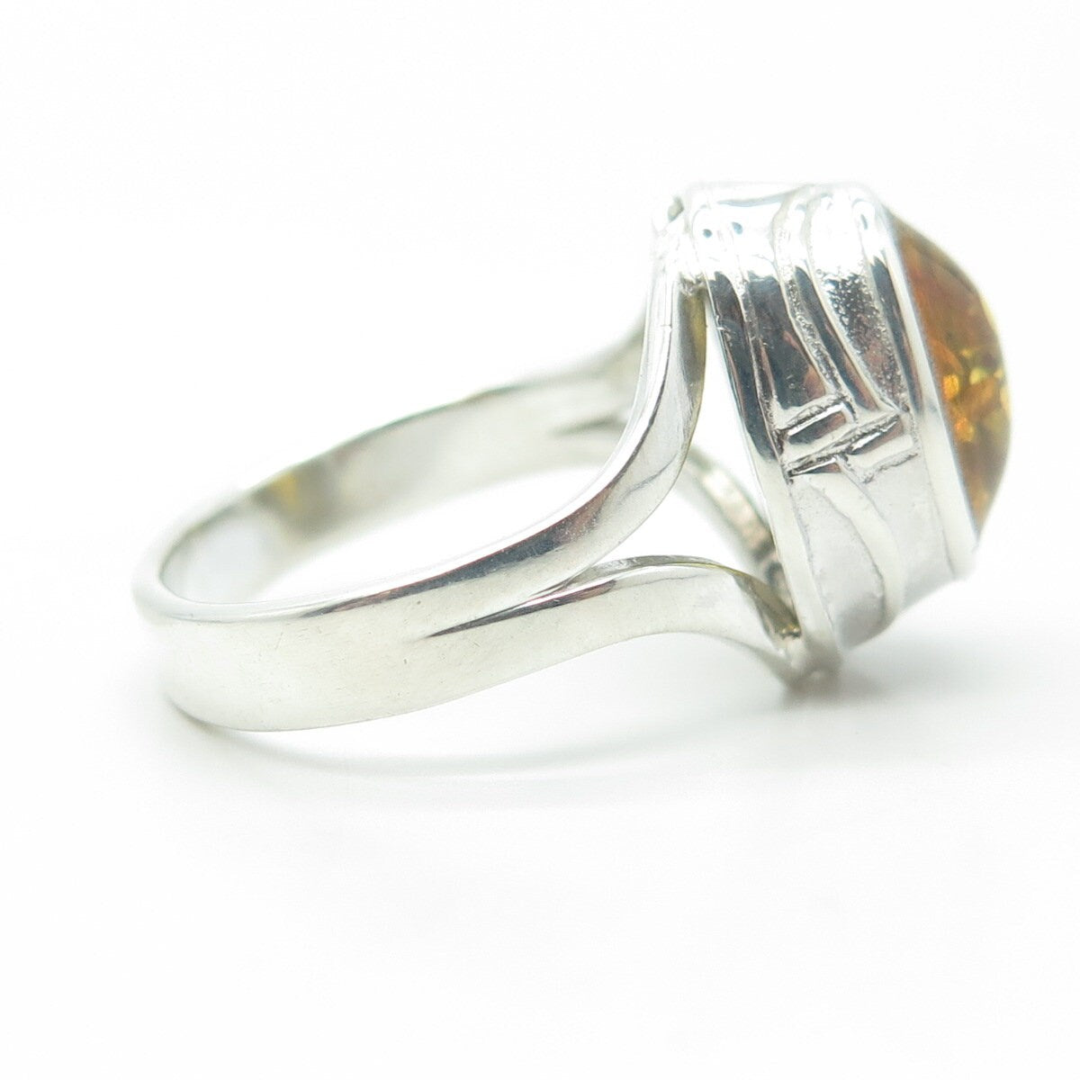 925 Sterling Silver Vintage Real Yellow Amber Cocktail Ring Size 9