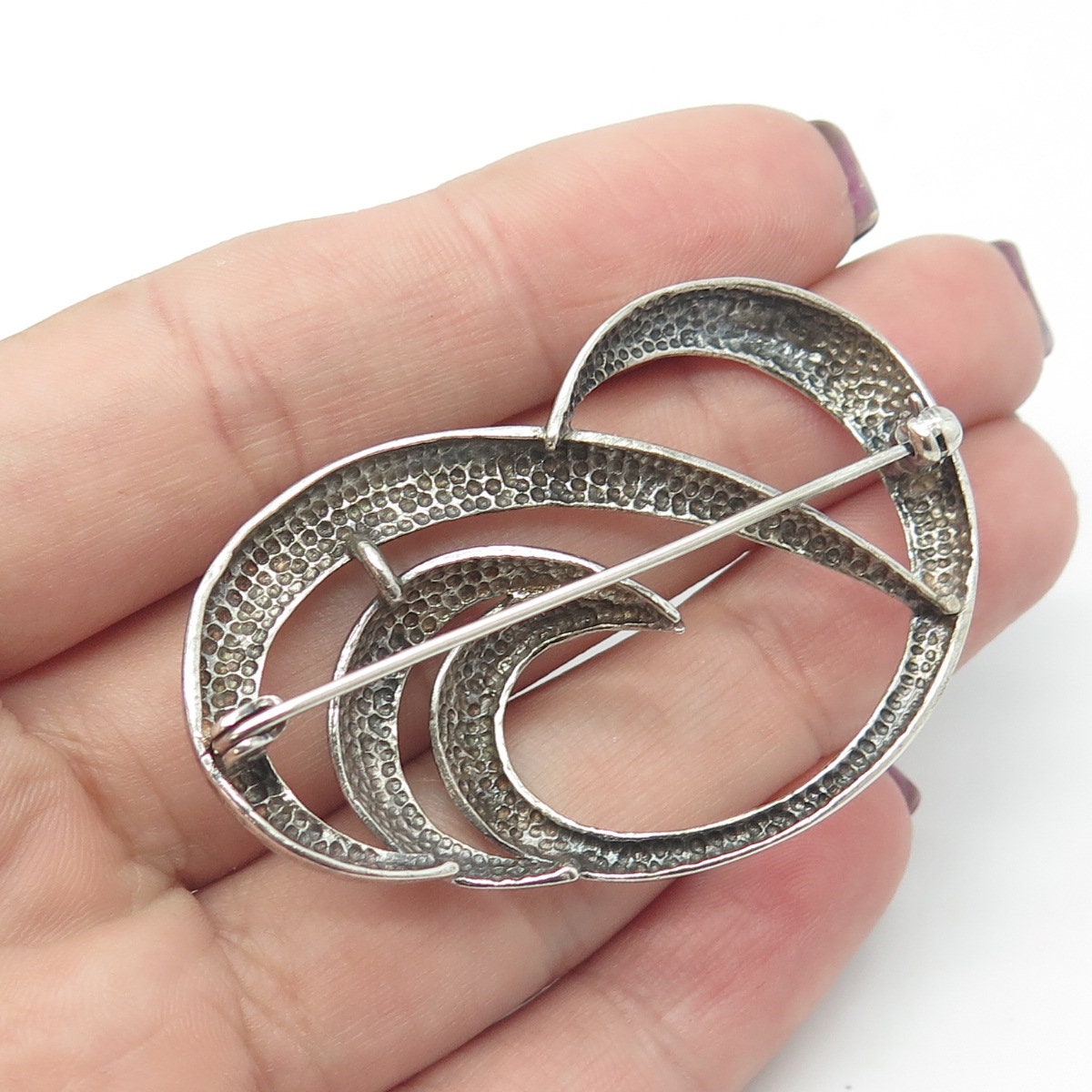 925 Sterling Silver Vintage Modernist Wavy Oxidized Pin Brooch