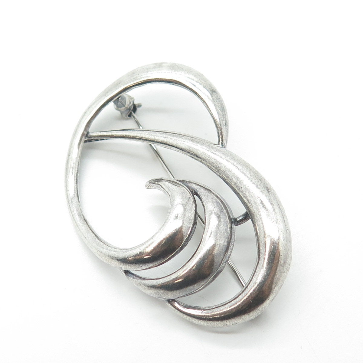 925 Sterling Silver Vintage Modernist Wavy Oxidized Pin Brooch