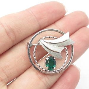 DCE CURTIS Jewelry 925 Sterling Silver Vintage Green Rhinestone Circle Brooch