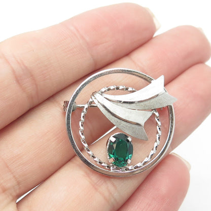 DCE CURTIS Jewelry 925 Sterling Silver Vintage Green Rhinestone Circle Brooch
