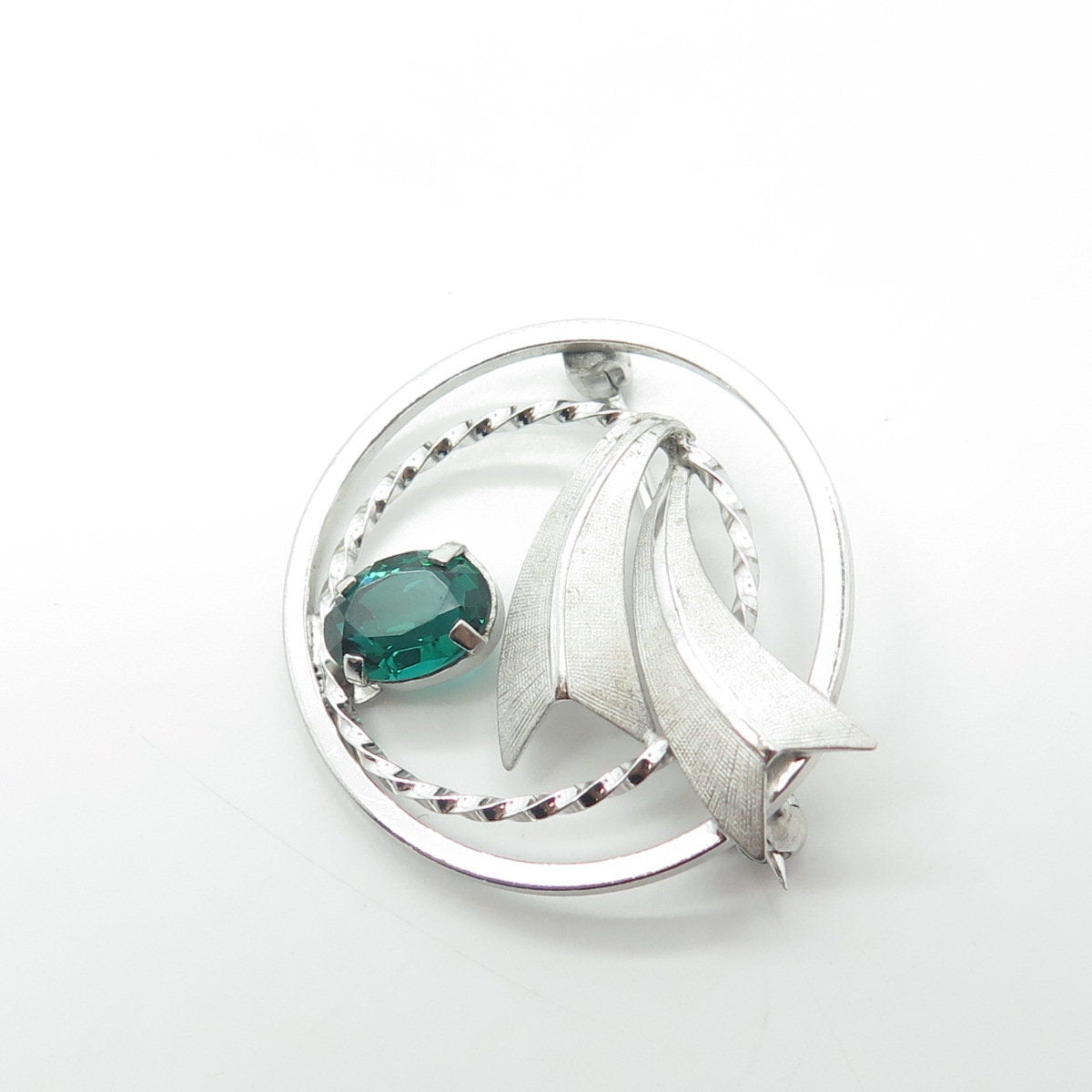 DCE CURTIS Jewelry 925 Sterling Silver Vintage Green Rhinestone Circle Brooch