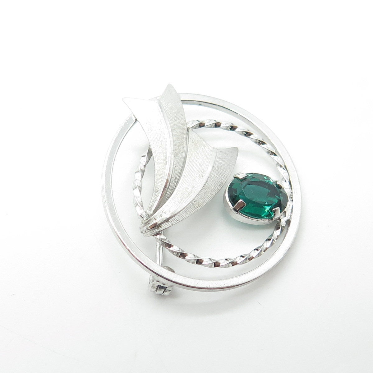DCE CURTIS Jewelry 925 Sterling Silver Vintage Green Rhinestone Circle Brooch