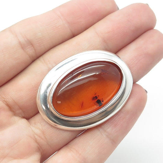 925 Sterling Silver Vintage Real Amber Oval Modernist Pin Brooch / Pendant