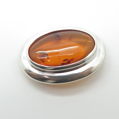 925 Sterling Silver Vintage Real Amber Oval Modernist Pin Brooch / Pendant