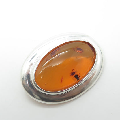 925 Sterling Silver Vintage Real Amber Oval Modernist Pin Brooch / Pendant