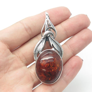925 Sterling Silver Vintage Real Amber Oval Feather Pendant