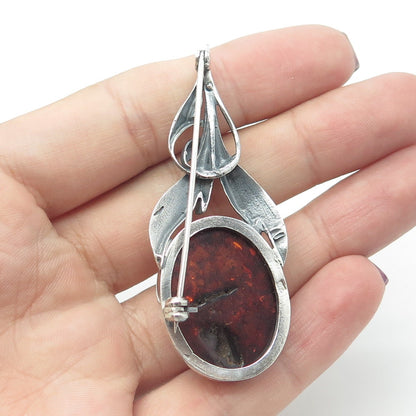 925 Sterling Silver Vintage Real Amber Oval Feather Pendant
