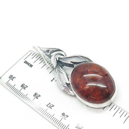 925 Sterling Silver Vintage Real Amber Oval Feather Pendant