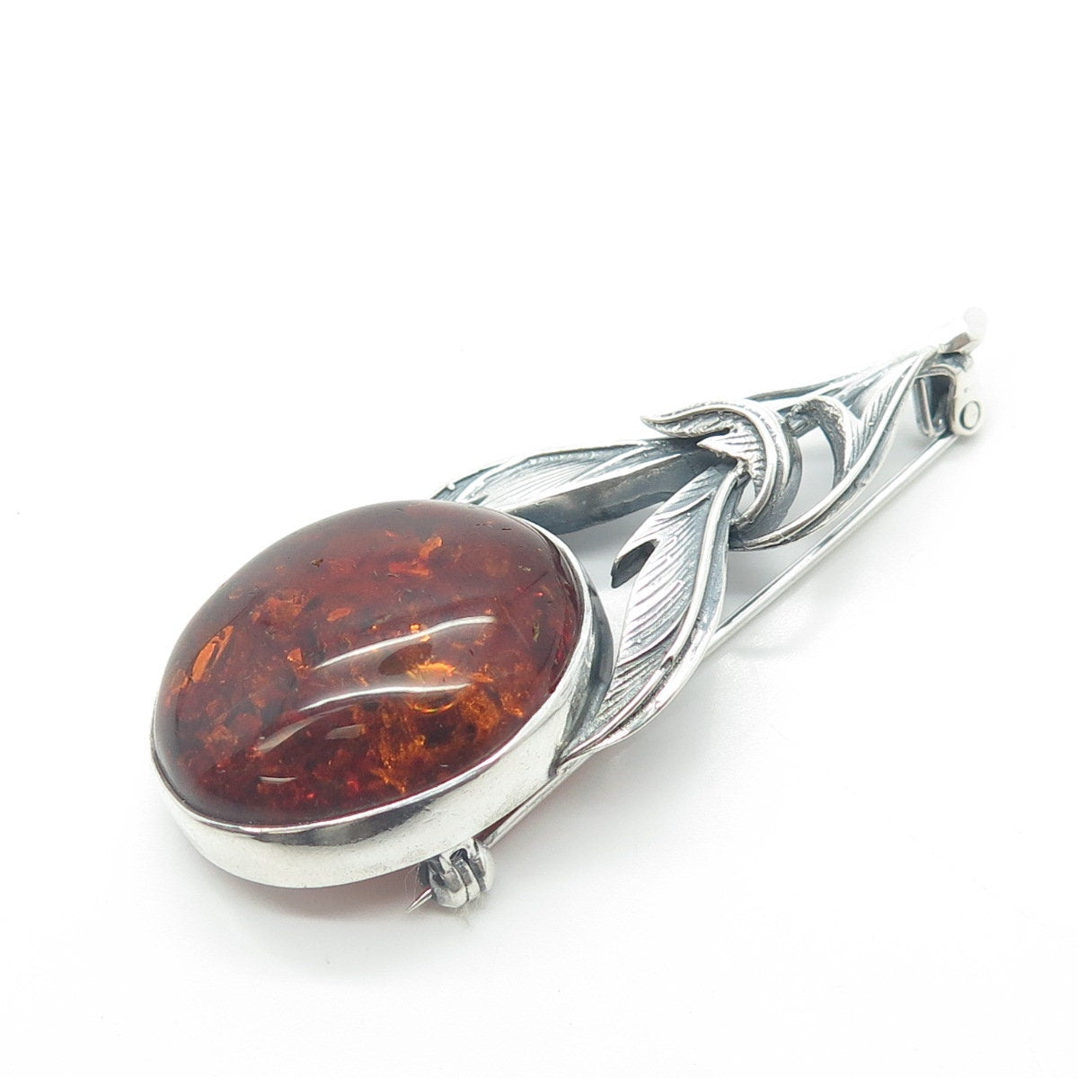 925 Sterling Silver Vintage Real Amber Oval Feather Pendant