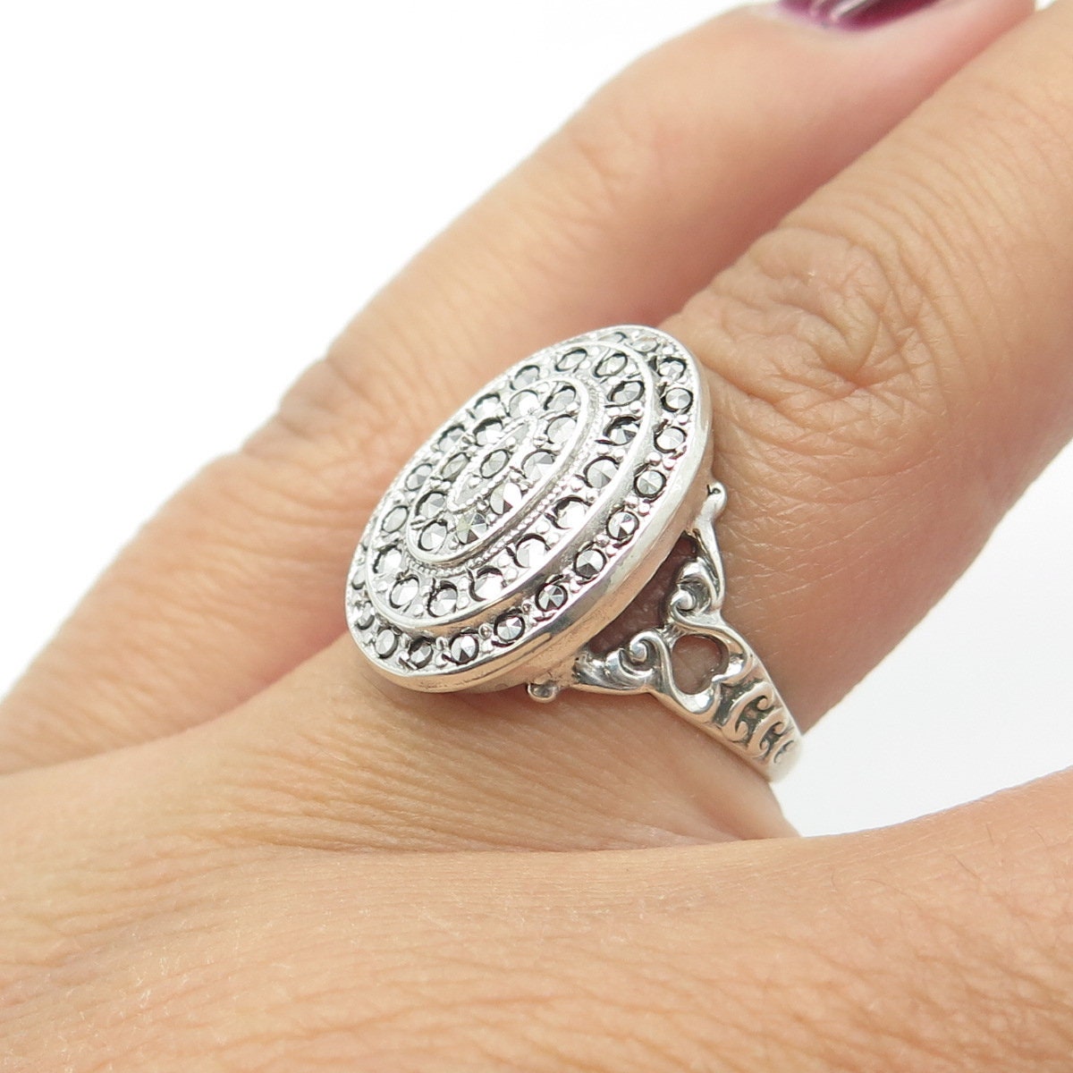 UNCAS 925 Sterling Silver Antique Art Deco Real Marcasite Heart Ring Size 5.75