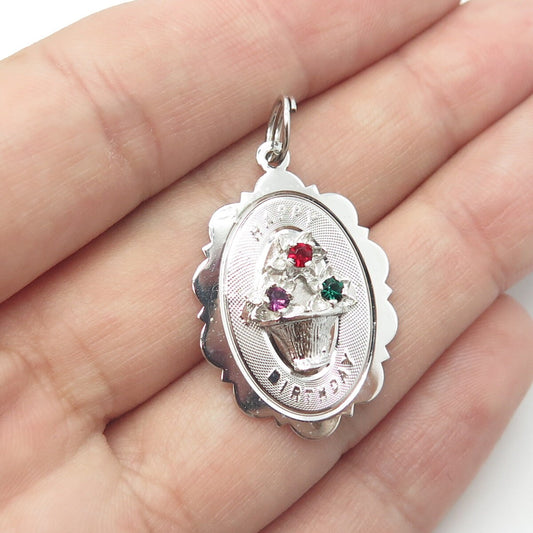 925 Sterling Silver Vintage Multi-Color Rhinestone "Happy Birthday" Pendant
