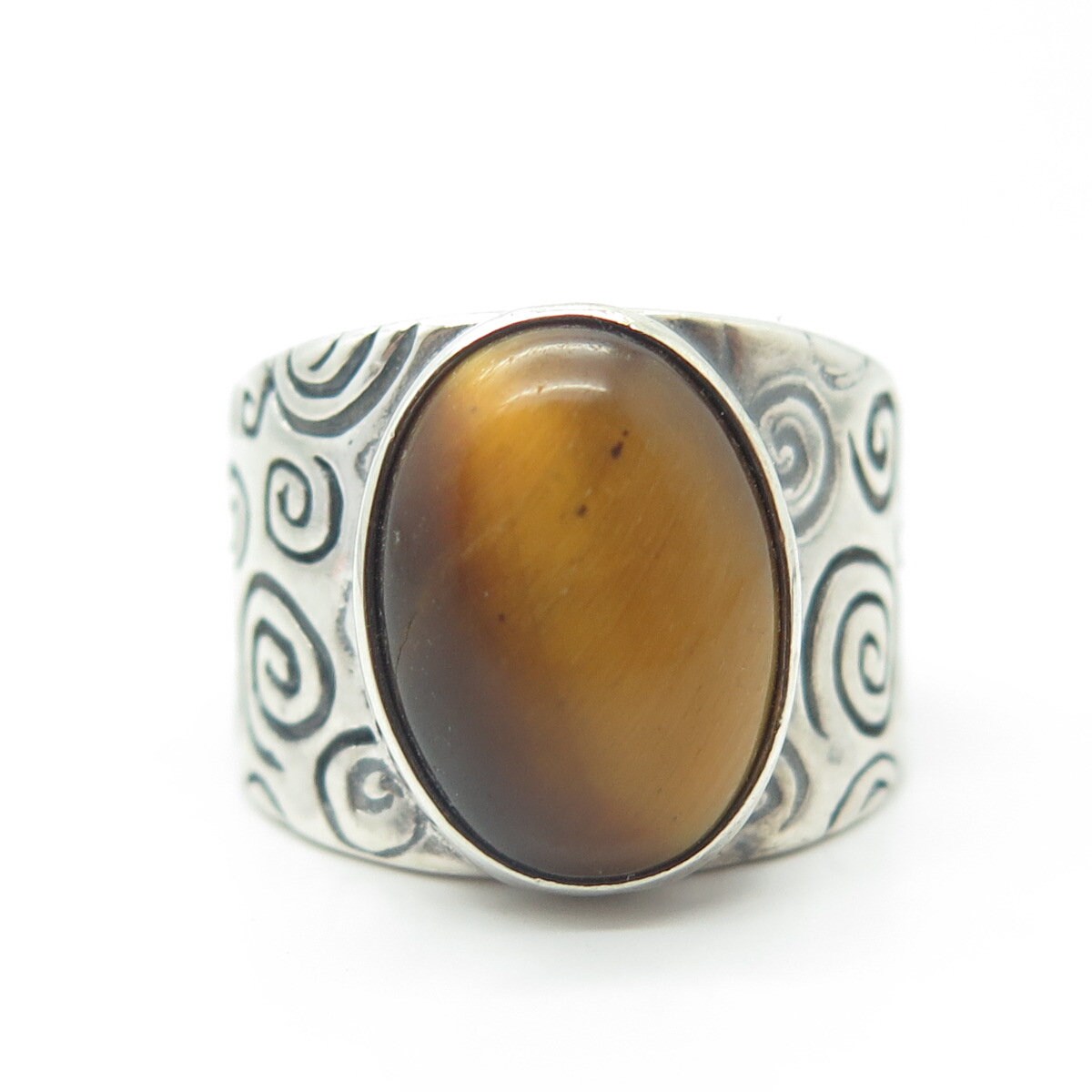SHUBE 925 Sterling Silver Vintage Southwestern Real Tiger Eye Spiral Ring Size 7