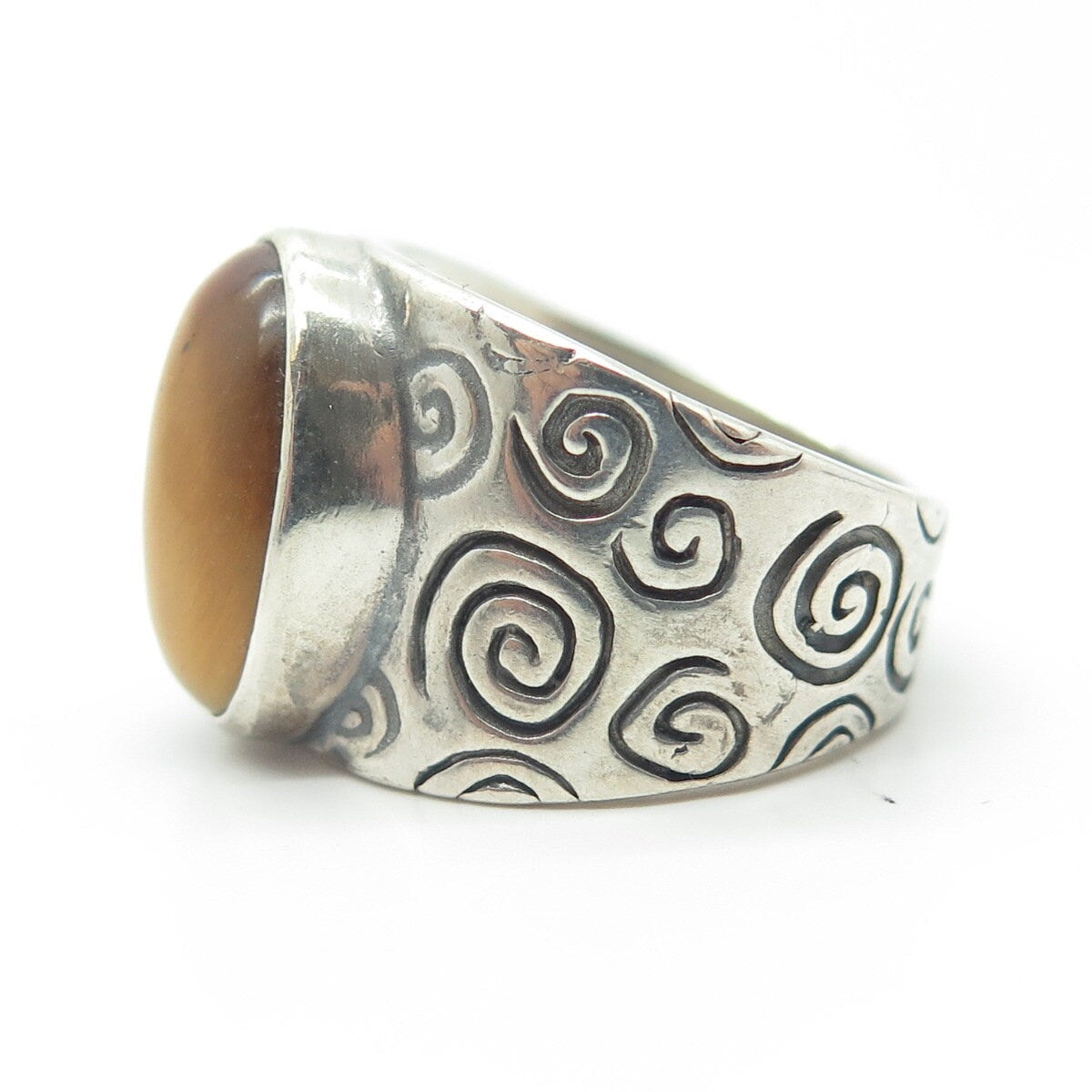 SHUBE 925 Sterling Silver Vintage Southwestern Real Tiger Eye Spiral Ring Size 7