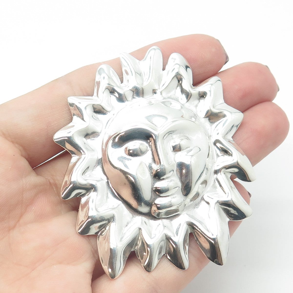 925 Sterling Silver Vintage Mexico Sun Face Pin Brooch