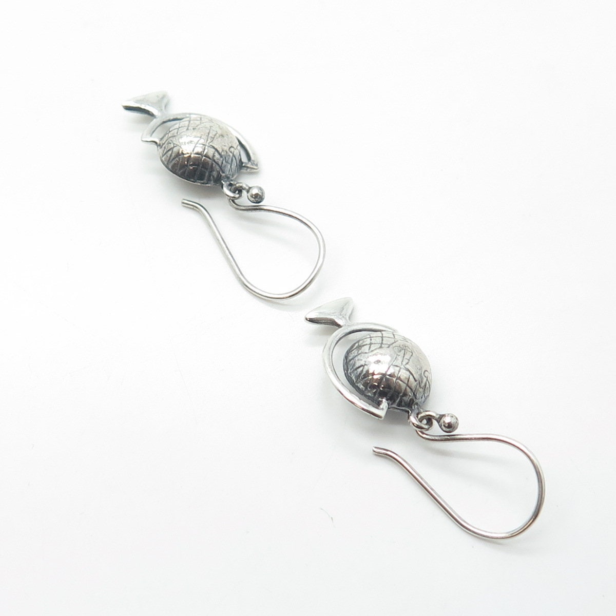 925 Sterling Silver Vintage Globe Dangling Hook Earrings