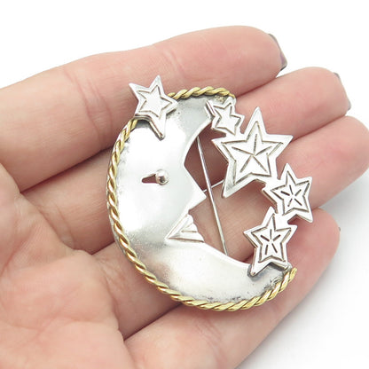 925 Sterling Silver 2-Tone Vintage Mexico Crescent Moon Face & Star Pin Brooch