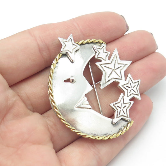 925 Sterling Silver 2-Tone Vintage Mexico Crescent Moon Face & Star Pin Brooch